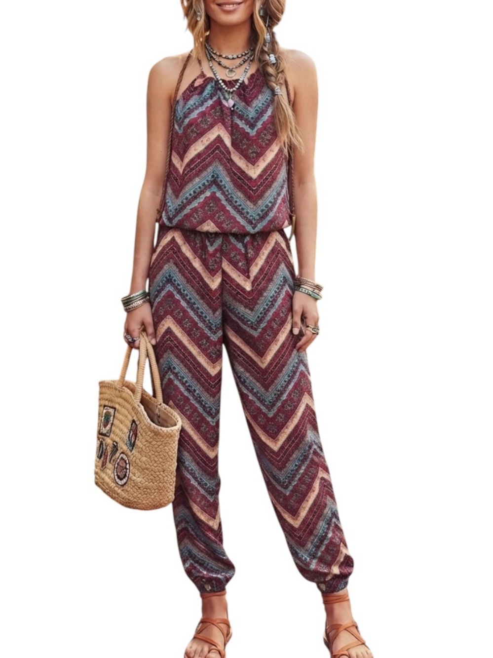 Espresso Boho Leather Braided Halter Neckline Wide Leg Jumpsuit Women’s M Multi